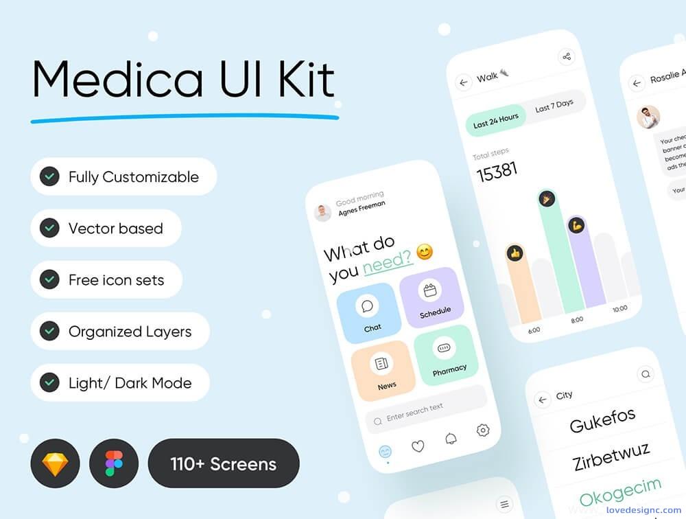 在线医疗app UI源文件下载，医疗健康app UI资源下载含sketch、fig源文件亮暗两种模式