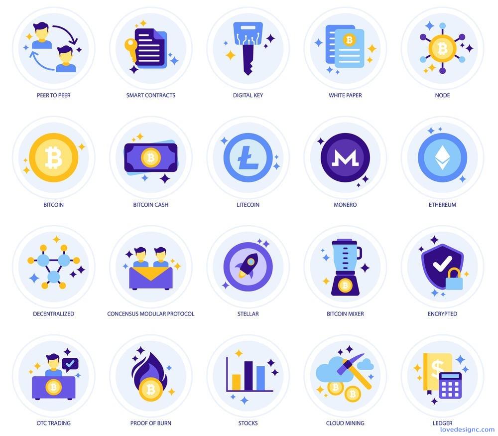 105个比特币Altcoin区块链和加密货币设计项目矢量图标优质设计素材下载-爱设计爱分享c