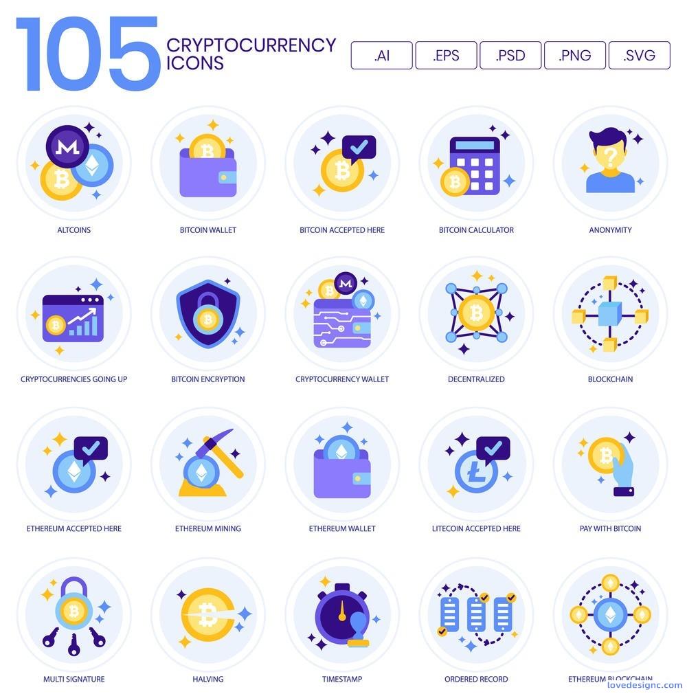 105个比特币Altcoin区块链和加密货币设计项目矢量图标优质设计素材下载-爱设计爱分享c
