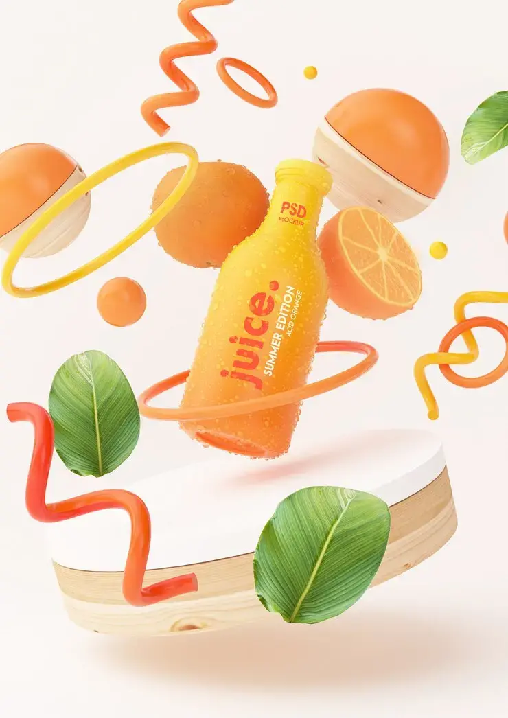 免费 PSD 新鲜橙汁样机与抽象对象-爱设计爱分享c